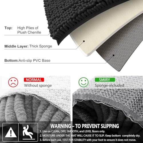 Smiry Luxury Chenille Bathroom Rugs 24x16, Extra Soft and Absorbent Shaggy Bath Mat, Machine Washable, Non-Slip Plush Carpet Runner for Tub, Shower, and Floor, Home Decor Accessories, Black 5