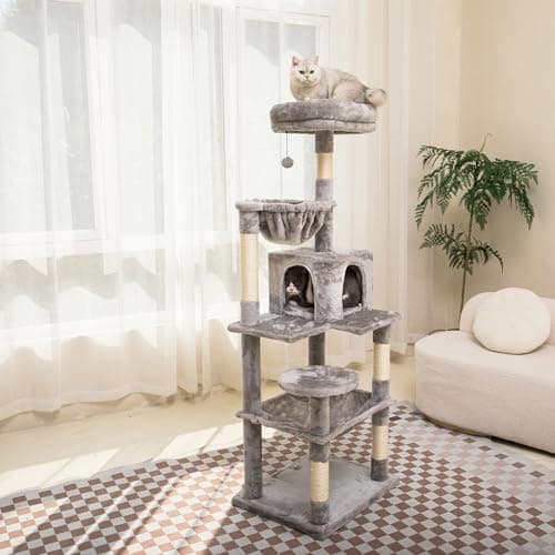 Catreaier Cat Tree, 54-Inch Cat Tower for Indoor Cats, Plush Multi-Level Cat Condo with 5 Scratching Posts, Pompom, One Round Hammock and One Square Hammock Light Gray 7