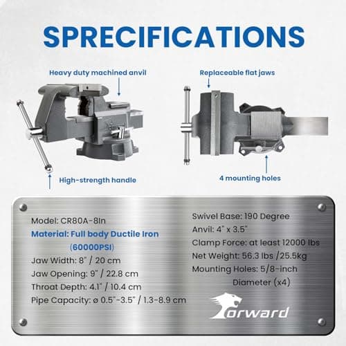 Forward CR80A 8 Inch Bench Vise Heavy Duty Vice with Anvil and 190 Degrees Swivel Base (8") 7