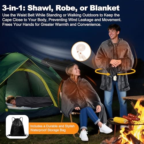Safeeze Large Portable Heated Blanket 71" × 43", Includes 2 Portable 20000mAh 7.4V Power Banks, 11 Heating Zones, 3 Heat Settings, 1–6H Timer, Machine Washable, with Laundry Bag, Waist Belt & Backpack 7