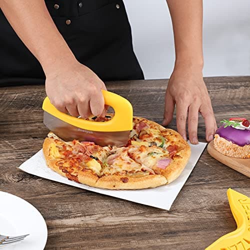 Suanyok Premium Pizza Cutter Food Chopper-Super Sharp Blade Stainless Steel Pizza Cutter Rocker Slicer with Protective Sheath Multi Function Pizza Knife Kitchen Tools,Dishwasher Safe (Yellow) 6