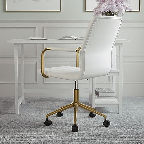 Martha Stewart Taytum Swivel Task Chair with Armrests for Home Office in White Faux Leather with Polished Brass Frame 7