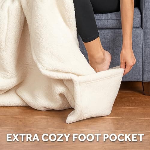 Sunbeam Royal Sherpa Foot Pocket Heated Throw Electric Blanket, 50" x 60", 4 Heat Settings, 4-Hour Auto Shut-Off, Warming Throw for Couch or Bed, Fast Heating, Machine Washable, Natural 5