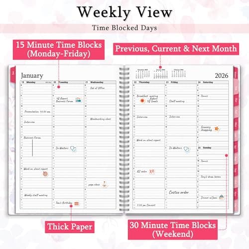 CRANBURY Daily Planner 2026, 8.5x11 Appointment Book, Jan to Dec 2026, 15-Min Hourly Scheduler, Large Daily Planner Book with Colorful Tabs (Blossoms) 7