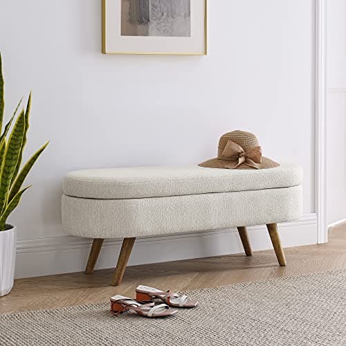 IAFIKE Oval Storage Bench 43.5'' Linen Fabric Upholstered Entryway with Solid Wood Legs Ottoman Indoor for Living Room/Bedroom/End of Bed/Entryway/Bed Side (Beige) (IA-013) 7