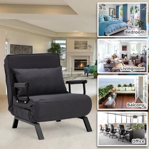 Hupmad Convertible Bed Sleeper Chair,Tri-fold Upholstered Armchair Sleeper with Pillow,Folding Leisure Chaise Lounge Couch,6 Angle Adjustable Backrest Single Lazy Bed for Office (Black, Regular) 7