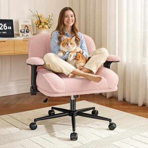 DurayLoly Criss Cross Chair with Wheels,Wide Cross Legged Office Chair with Flip-Up Arms & Extra-Deep Seat Thickened for Home Office, Vanity Chair for Apartment,Plush Cushion,Comfy,Pink