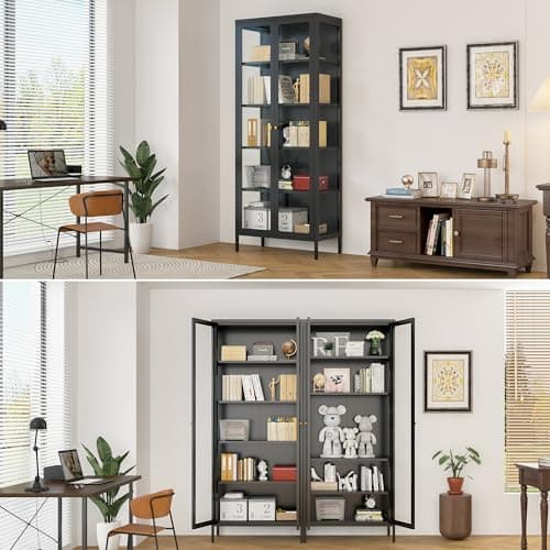 Lucky Monet 5-Tier Glass Display Cabinet with 13 Color Lights, 67" Tall Metal Curio Cabinets with Glass Door & Adjustable Shelves, Large Display Case for Collectibles Figures China Books, Black 9