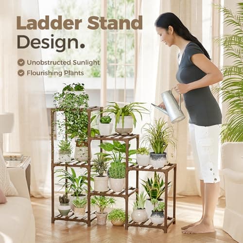 Bamworld Plant Stand Indoor Plant Shelf Outdoor Wood Plant Rack for Multiple Plants 3 Tiers Ladder Plant Holder for Living Room Patio Boho Home Decor for Gardening 5