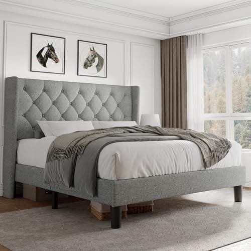 iPormis Queen Size Platform Bed Frame with Button Tufted Headboard, Upholstered Bed Frame with Solid Wooden Slats, 8" Underbed Space, No Box Spring Needed, Noise Free, Easy Assembly, Light Gray