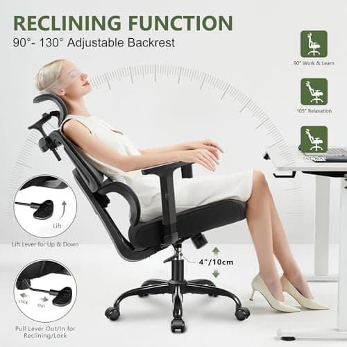 Office Chair Ergonomic Desk Chair, High Back Gaming Chair, Big and Tall Reclining Comfy Home Office Desk Chair Breathable Mesh Lumbar Support Computer Chair Adjustable Arms, 3D Headrest (Black) 6