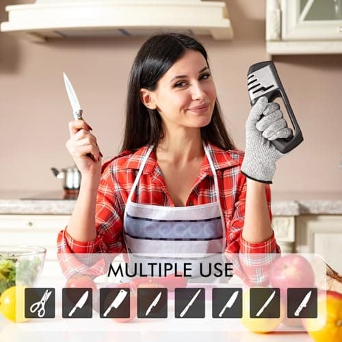 HOTEC 4in1 Knife Sharpener, 3 Stage Manual Sharpener for Sharpening Kitchen Knives 1 Stage for Scissors- Ceramic Stone, Tungsten Carbide Plates, Diamond rods 6