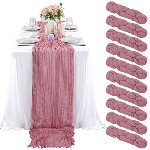REWOMC 10 Pcs Dusty Rose Cheesecloth Table Runner 10FT, Gauze Table Runner for Wedding Reception Sheer Bridal Shower Birthday Party Boho Table Decoration, Rustic Romantic Wedding Runner