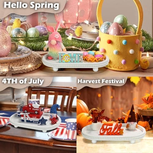 SYNCVIBE Wooden Decorative Tray for Home Decor, Beaded White Oval Tray Decor for Coffee Table, Rustic Wood Serving Trays Farmhouse Centerpieces for Living Room Kitchen Counter (White Oval) 8