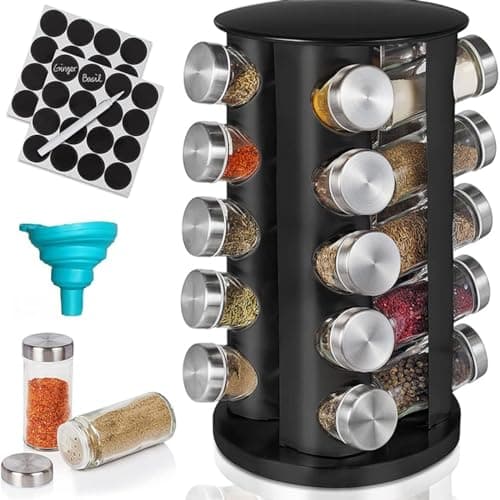 EBIZ&TECH 20-Jar Stainless Steel Rotating Spice Rack with Non-Slip Base - Kitchen Countertop Organizer for Easy Access and Storage of Spices (Black)
