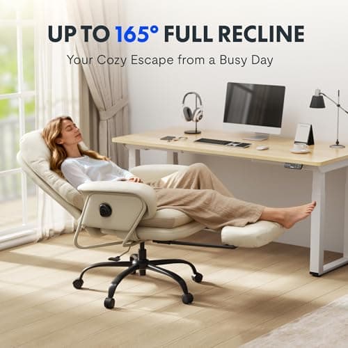 FLEXISPOT Luno 2-in-1 Chaise Lounge Chair Indoor with Wheels Footrest 90-165° Reclining Lumbar Support, Home Office Chairs for Living Room Bedroom Study Working Relaxing, Leather, Beige White 6