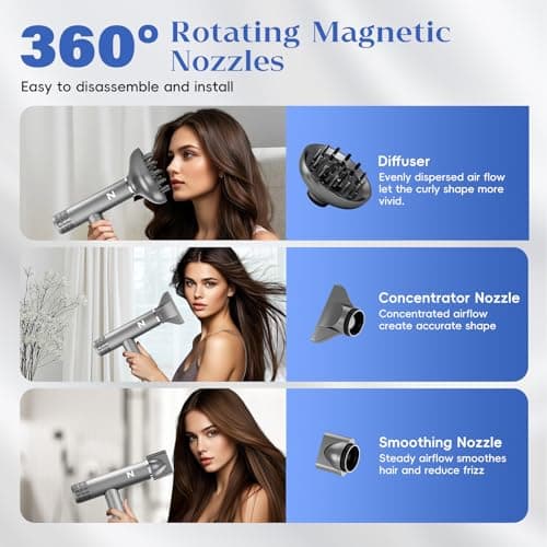 Natrial Ionic Professional Hair Dryer with Diffuser for Curly Hair,1600W&110000RPM High Speed Blow Dryer for Women,Fast Drying,Lock Function,Low Noise,Lightweight for Home Travel Salon,Grey&Silver 6