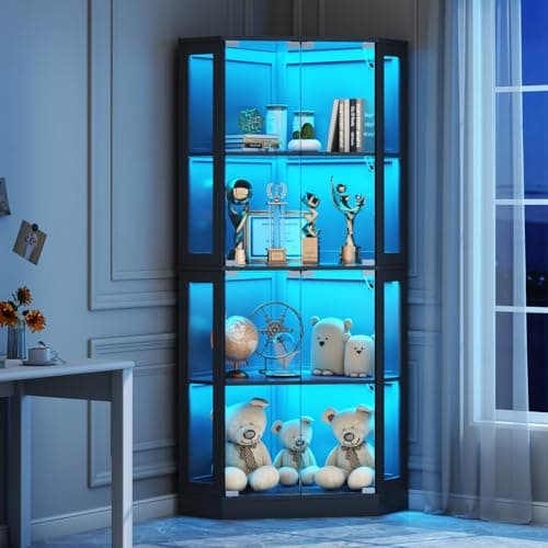 Gyfimoie Corner Display Cabinet with Multi-Color LED Lights, Modern Curio Cabinet with Glass Doors, 4 Tier Glass Display Case for Toys, Books & Other Collectibles 7