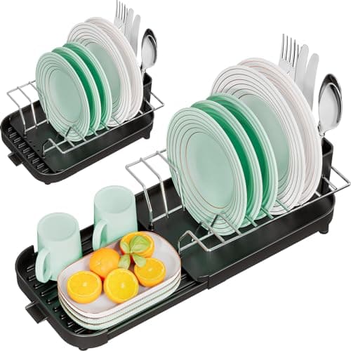 Urackify Small Dish Drying Rack, Expandable Compact Dish Drainer with Cutlery Holder, Narrow Dish Rack with Drain for Kitchen Counter, Space Saving Slim Plate Rack, Dishes Holder for Sink Countertop