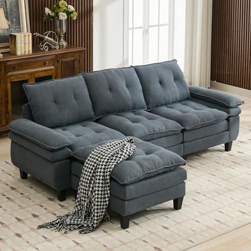 Modern Sectional Cloud Couch Deep 3-Seat, L Shape Sofa Couch with Moveable Ottoman, Adjustable Wide Arm, Comfy Upholstered Sleeper Sofa for Living Room and Small Apartments, Office