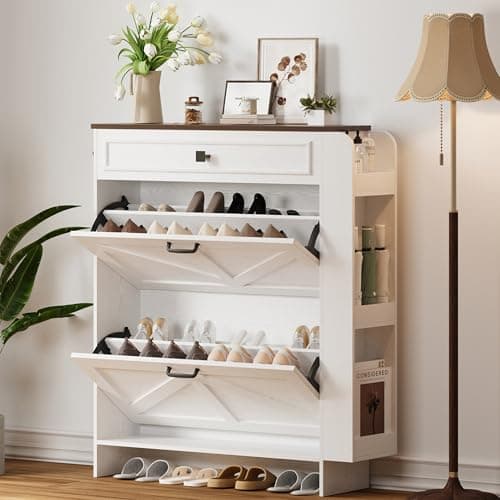 IRONCK Shoe Storage Cabinet with 2 Flip Drawers & Barn Door Design, Freestanding Shoe Cabinet Organizer with Drawer and Shelves for Entryway, Farmhouse Shoe Rack Cabinet, White/Walnut