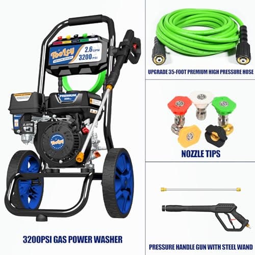 TOOLCY 3200 PSI Gas Pressure Washer, 2.6 GPM Gas Powered Power Washer Reinforced Pump & 209cc OHV Engine, 35FT Pressure Hose, Quick Connect Swivel Pressure Gun, 5 Nozzles for Homes (No Soap Tank) 8