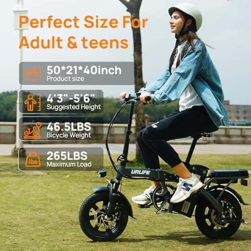 URLIFE Electric Bike for Adults, 14" Folding Electric Bike, 500W Peak Motor, 48V 375Wh Removable Battery, 20MPH, 40 Miles Long Range, E Bikes for Adults and Teens, UL 2849 Certification (Dark Black) 8
