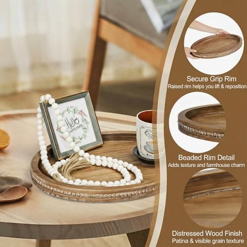 16" x 11.8" Oval Wood Decorative Tray with 58" Bead Garland, Farmhouse Coffee Table & Kitchen Island Décor, Rustic Brown Entryway Console Tray for Styling, Candles & Small Items 5