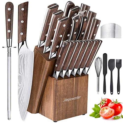21 Packs Knife Set with Block, 2023 Kitchen Knife Set Sharpener Rod & Finger Guard, Germany High Carbon Stainless Steel Chef Knife Block Set, Ultra Sharp Forged, Brown