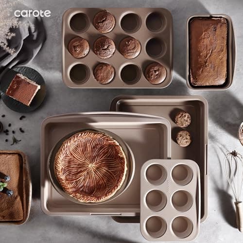 CAROTE 7-Piece Nonstick Stackable Baking Pans Set - Bakeware Sets Including Cookie Sheets for Baking, Muffin Pan, Bread Pan, Cake pan, Loaf Pan, Roasting Pan, Gray & Khaki 7