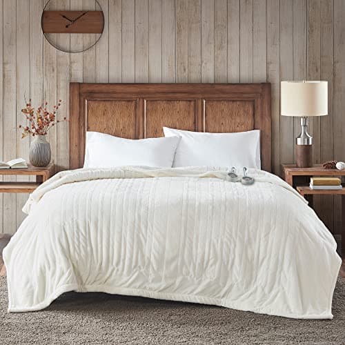 Woolrich Heated Plush to Berber Electric Blanket Throw Ultra Soft Knitted, Super Warm and Snuggly Cozy with Auto Shut Off and Multi Heat Level Setting Controllers, Queen: 84x90, Ivory