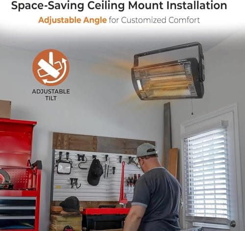 Comfort Zone 1500W Ceiling Mounted Dual Quartz Radiant Heater – Infrared Workshop Heater with 90° Adjustable Tilt, Built-in Halogen Light & Pull String Control – Overheat Protection, Black 5