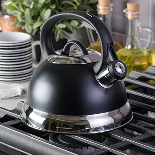 Mr. Coffee Flintshire 1.75-Quart Stainless Steel Whistling Tea Kettle with Nylon Handle – Matte Black Stove-Top Kettle for Boiling Water 6
