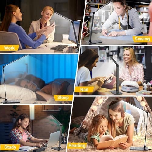 LED Desk Lamp for Home Office, 3 Levels Dimmable Desk Light with USB Charging Port, Small Study Lamp, Reading Light for Table, Black, 5000K 7