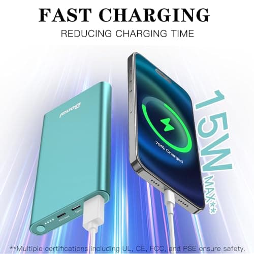 BONAI Portable Charger 12,000mAh 5V/3A Fast Charging Power Bank, Dural Input & Output Ports (USB-C in & Out) Portable Phone Charger for iPhone 17/16/15/14/13/12 Series Galxy Android iPad etc - Mint 2