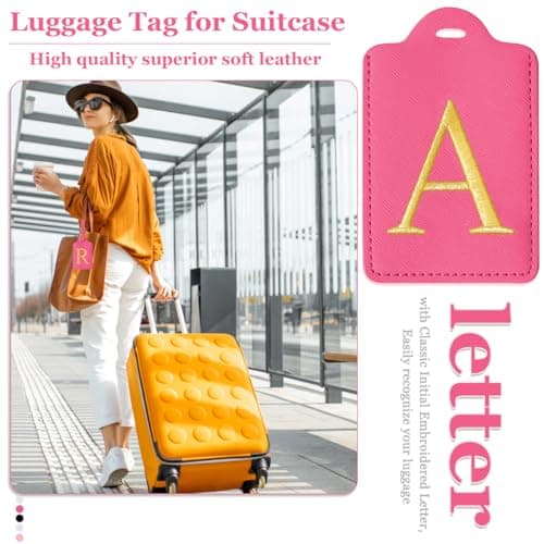 Personalized Initial Luggage Tags for Suitcases,Leather Letter Cute Luggage Tags with Privacy Name Card,Embroidered Monogrammed Travel Bag Backpack Tag Gifts for Women Kids Girls Teens(Rosered-A) 7