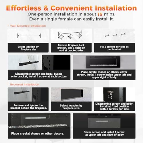 36"Electric Fireplace Smart Control, Crackling Wood Sound Fire Places Electric Fireplace Insert,144 Flame Effects Wall Fireplace Electric with Remote Control & Screen,Wall Fireplace Heater for 400 Sq 9