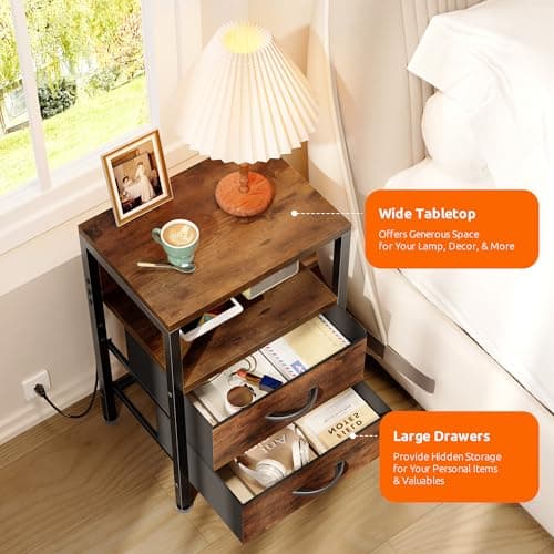 Lazzanto NightStand Bedside Charging Table Bedroom - Brown Night Stand with Charger Station, Modern Bed Side End Table with Open Shelf & 2 Fabric Drawers, USB-C Port for Dorm, Living Room 5