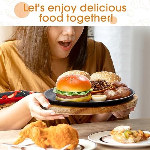 Lallisa 2 Sets Cast Iron Fajita Plate Set Fajita Plate Pan with Wooden Tray Anti Scald Protection Hot Mitt Cast Iron Skillet Set for Home Barbecue Kitchen Party Restaurant Catering Service 5