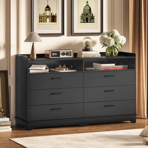 Hasuit Dresser for Bedroom with 6 Drawers and 2 Cubbies,Black Modern Chests of Drawers with Sturdy Pedestal,Large Capacity Bedroom Dresser TV Stand