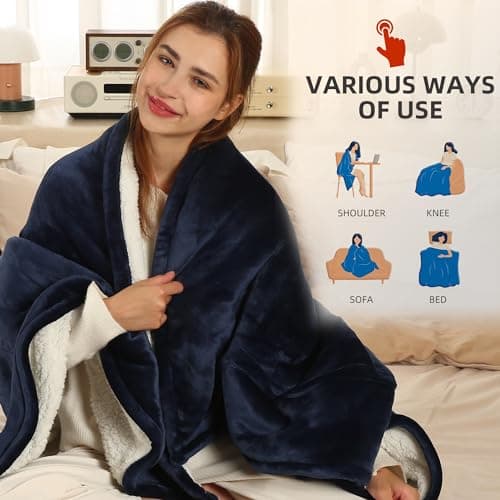 ESTINGO Heated Throw Blanket Electric Blanket, 50"x60" Heating Blanket with 5 Heating Levels & 4 Hours Auto Off, Reversible Flannel Sherpa Electric Throw Blanket with OverHeat Protection, Navy Blue 6