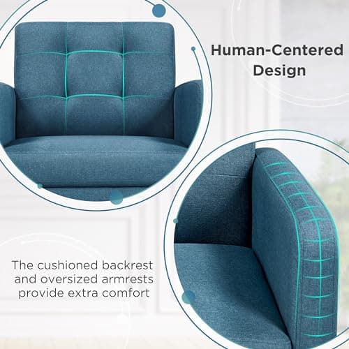 Yaheetech Mid-Century Accent Chairs, Modern Upholstered Living Room Chair, Cozy Armchair Button Tufted Back and Wood Legs for Bedroom/Office/Cafe, Navy Blue 9