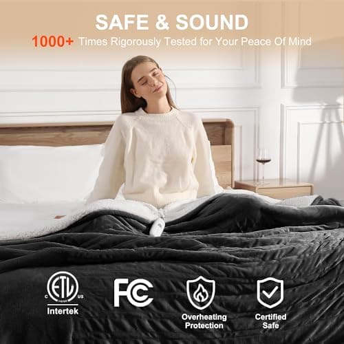 Electric Blanket Queen Heated Blanket - Heating Blanket Queen Size Soft Plush Sherpa with Dual Controllers, 5 Heating Level & 10 Hour Auto Off, ETL Certified, Warm Gifts for Grandma(Charcoal Grey) 6