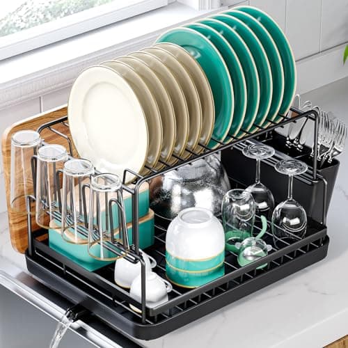 TOOLF Dish Drying Rack, 2 Tier Dish Rack for Kitchen Counter, Dish Drainer with Cutlery & Cup Holder Auto Drainage System, Black