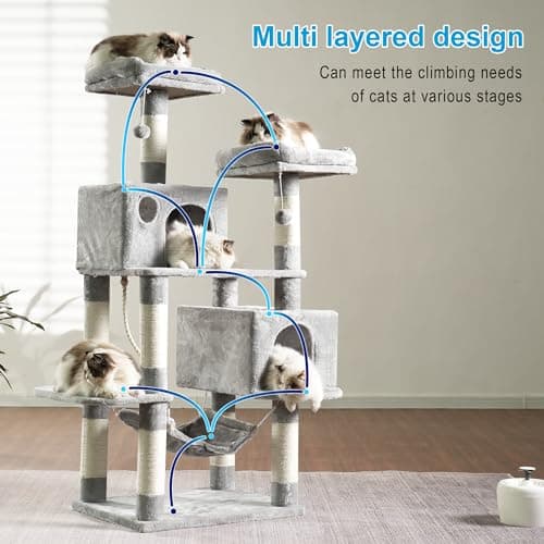 Hey-brother Large Multi-Level Cat Tree Condo Furniture with Sisal-Covered Scratching Posts, 2 Bigger Plush Condos, Perch Hammock for Kittens, Cats and Pets Light Gray MPJ020W 7
