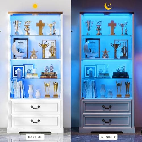 TAGELIER 67" Tall Display Cabinet with Glass Doors and 2 Drawers, Adjustable Glass Height Bookcase, Curio Cabinet with 3 LED Lights and Human Body Sensor (White) 7
