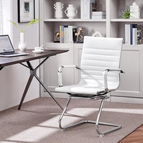 Yaheetech Faux Leather Office Reception Chair Without Wheels Mid Back Ergonomic Guest Chairs for Conference Reception Room Waiting Room, Set of 2 White 8