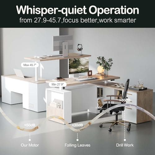 ModernMate 63" Standing Desk with File Cabinet, Privacy Panel, AC/USB, 1.18" Desktop, Executive L Shaped Height Adjustable Electric Stand Up Desk, Home Office Table with 3 Drawers, Light Walnut 8