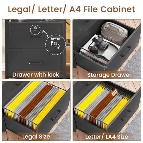 SEDETA 35.4” File Cabinet, Filing Cabinet fits Letter/A4 Size, 2 Drawe File Cabinets for Home Office with Power Strip, LED Lights, Lock, Open Shelf, Black 5