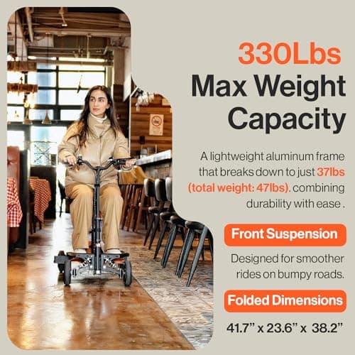 SuperHandy Passport Pro Mobility Scooter - Foldable Aluminum Frame, 4 Wheels, Includes 2 48V 2Ah Li-Ion Batteries & Charger, Supports up to 330 Lbs [Patent Pending] (Orange & Black, 330 Lbs) 6